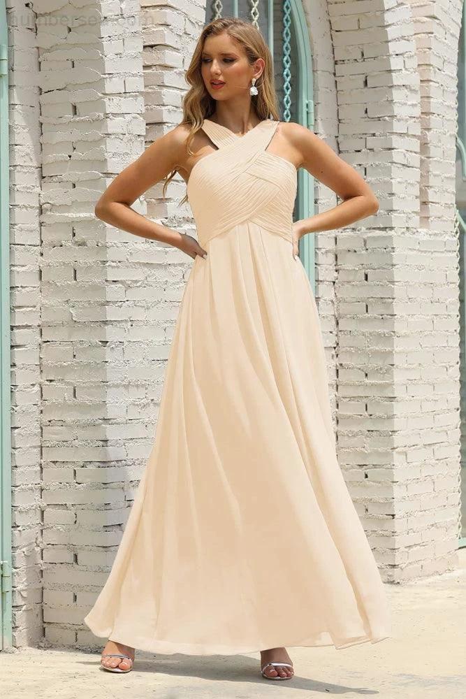 Numbersea Women Halter Chiffon Bridesmaid Dress A-line Long Formal Prom Gown SEA28015 by numbersea