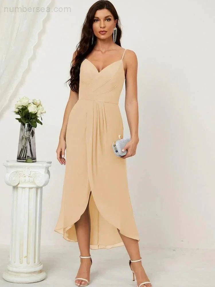 Numbersea Spaghetti Chiffon V Neck Bridesmaid Dress Mid-Length Slit Formal Prom Dress Homecoming Dress 2803 by numbersea