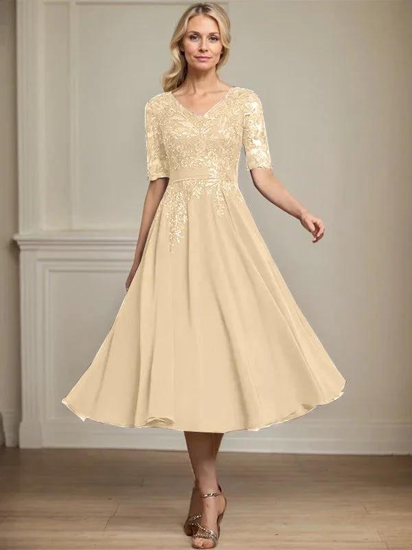 A-line V-Neck Tea-Length Lace Chiffon Mother of the Bride Dress With Sequins by Dreamylily