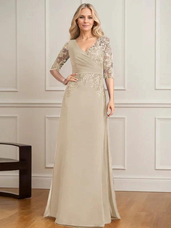 A-line V-Neck Floor-Length Lace Chiffon Mother of the Bride Dress With Pleated Sequins by Dreamylily