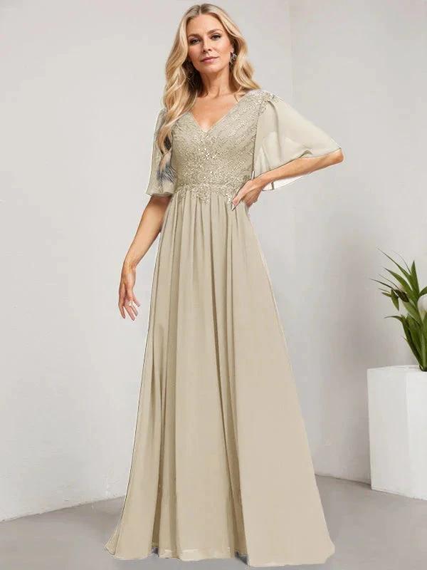A-line V-Neck Floor-Length Lace Chiffon Mother of the Bride Dress With Sequins by Dreamylily