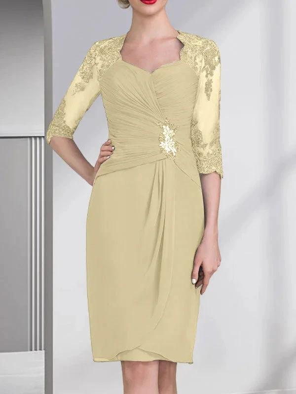 Sheath/Column Sweetheart Knee-Length Chiffon Mother of the Bride Dress With Beading Appliques Lace Sequins Pleated by Dreamylily