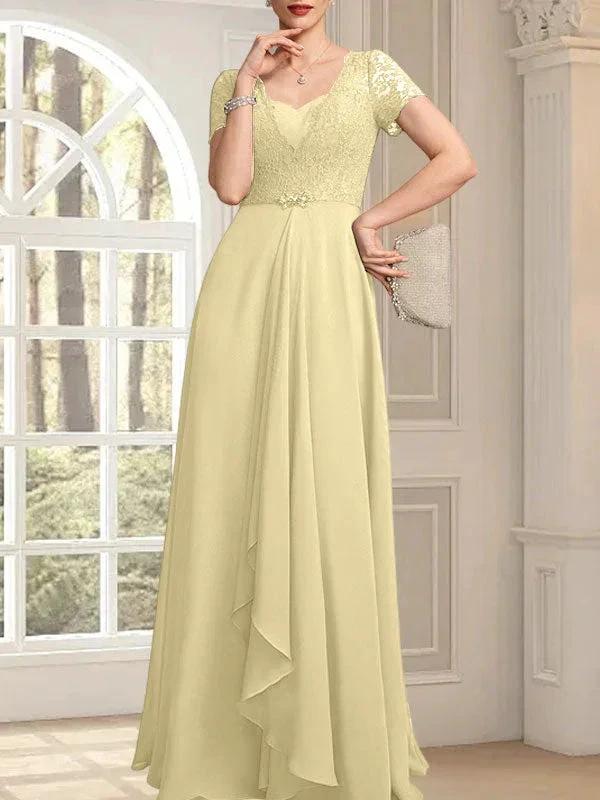 A-line Sweetheart Floor-Length Chiffon Lace Mother of the Bride Dress With Beading Cascading Ruffles by Dreamylily