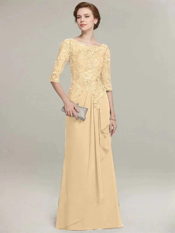 A-line Scoop Illusion Floor-Length Lace Chiffon Mother of the Bride Dress With Cascading Ruffles by Dreamylily