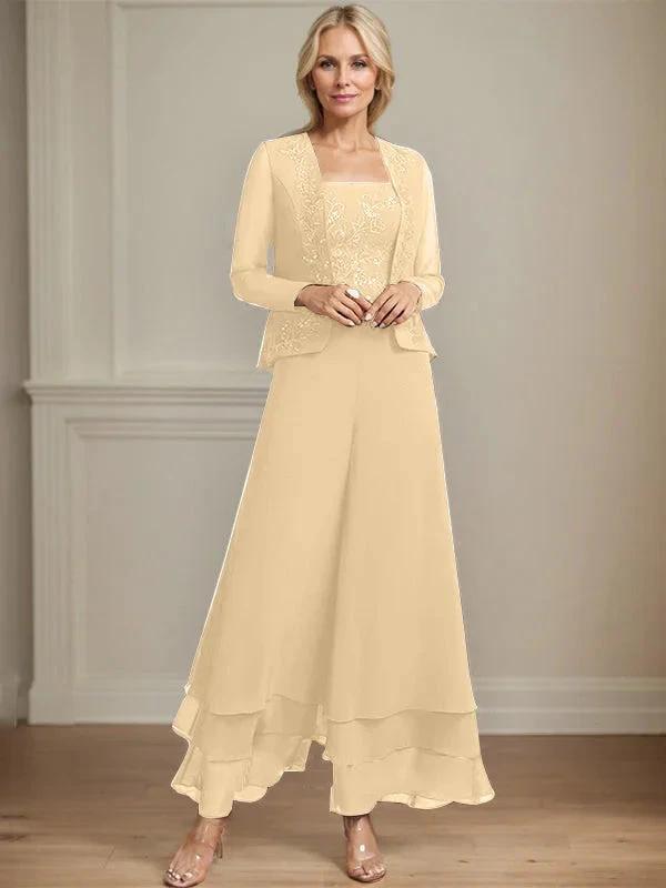 Separates Jumpsuit/Pantsuit Square Ankle-Length Lace Chiffon Mother of the Bride Dress With Sequins by Dreamylily