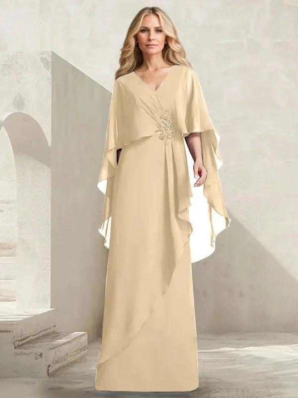 A-line V-Neck Floor-Length Chiffon Mother of the Bride Dress With Cascading Ruffles Beading by Dreamylily