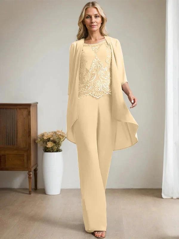 Separates Jumpsuit/Pantsuit Scoop Floor-Length Chiffon Lace Mother of the Bride Dress With Beading Sequins by Dreamylily