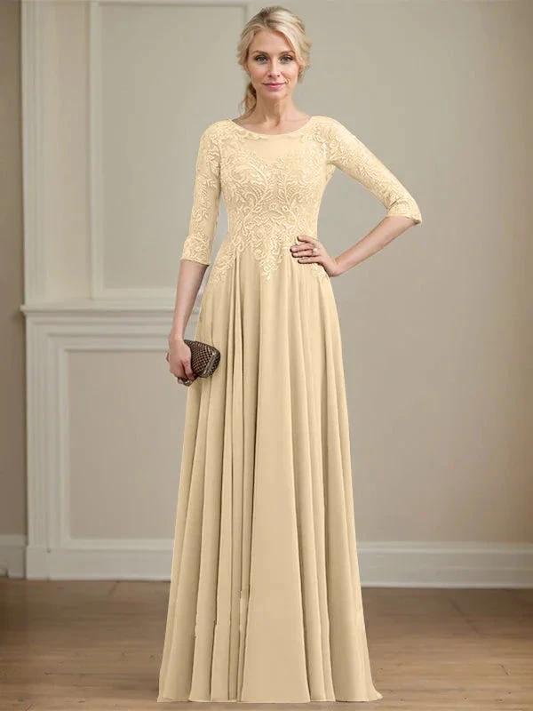 A-line Scoop Illusion Floor-Length Lace Chiffon Mother of the Bride Dress With Sequins by Dreamylily