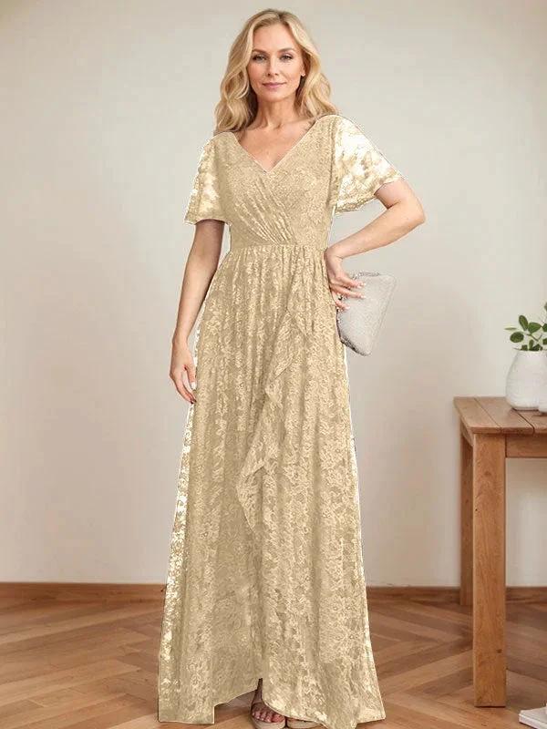 A-Line V-Neck Asymmetrical Lace Mother of the Bride Dress With Cascading Ruffles by Dreamylily