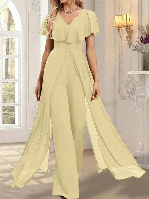 Jumpsuit/Pantsuit V-Neck Floor-Length Chiffon Evening Dress by Dreamylily