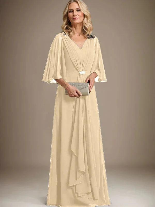 A-line V-Neck Floor-Length Chiffon Mother of the Bride Dress With Cascading Ruffles Crystal Brooch by Dreamylily