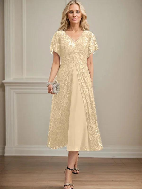 A-line V-Neck Tea-Length Lace Chiffon Mother of the Bride Dress by Dreamylily