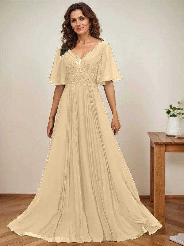 A-line V-Neck Floor-Length Chiffon Mother of the Bride Dress With Sequins Appliques Lace Pleated by Dreamylily