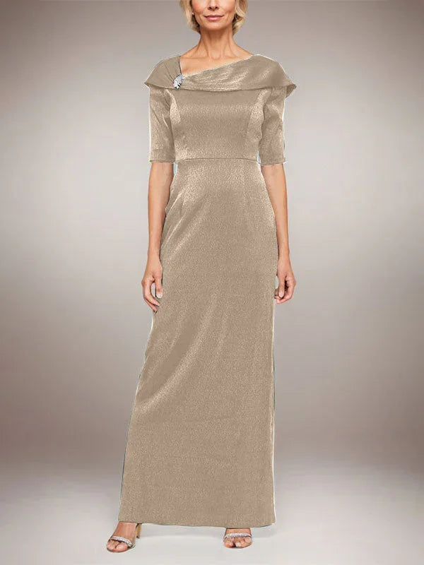 Long Shimmer Column Dress with Foldover Cuff L-Neckline and Elbow Sleeves by Dreamylily