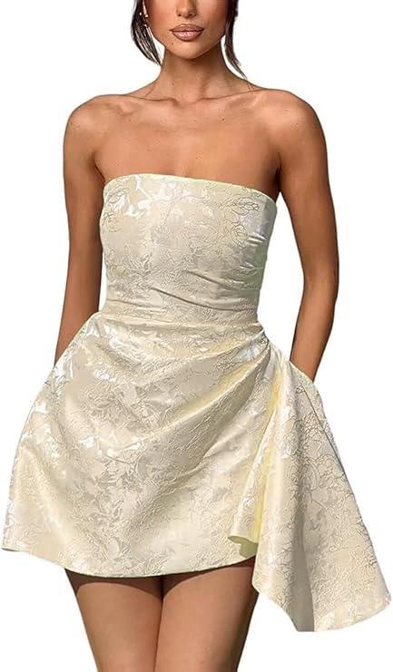 A-line Strapless Sleeveless Short Homecoming Dress Jacquard Satin Asymmetrical Lace up Party Dresses by Biztunnel