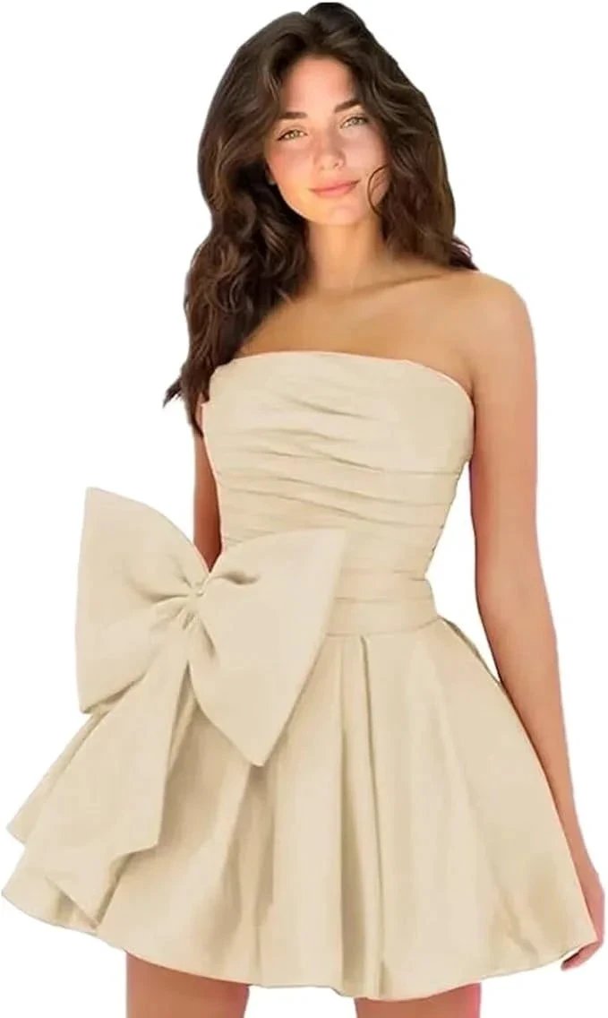 Chic Short Homecoming Dresses A-line Sleeveless Strapless Ruched Lace Up Party Dresses with Bow by Biztunnel