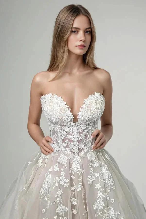 Champagne Tulle Lace Elegant Wedding Dresses Strapless Bridal Gowns WD712 by pgmdress