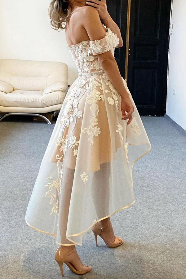 Champagne Tulle Off The Shoulder High Low Homecoming Dresses PD458 by pgmdress