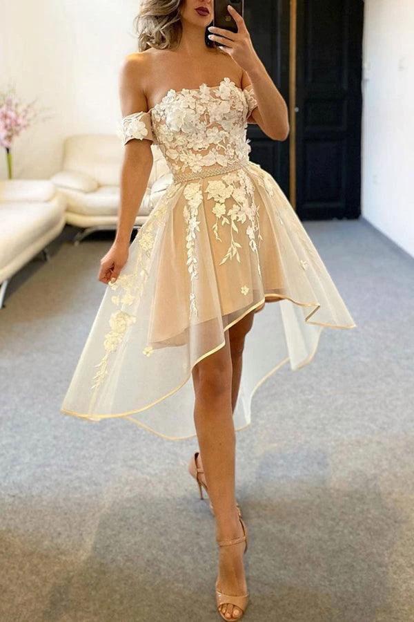 Champagne Tulle Off The Shoulder High Low Homecoming Dresses PD458 by pgmdress