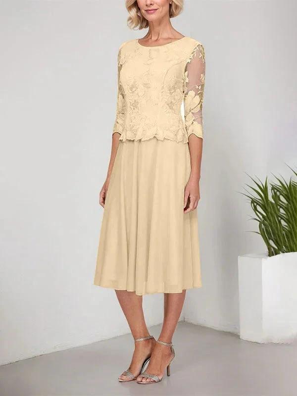 A-line Scoop Tea-Length Lace Chiffon Mother of the Bride Dress With Embroidery by Dreamylily