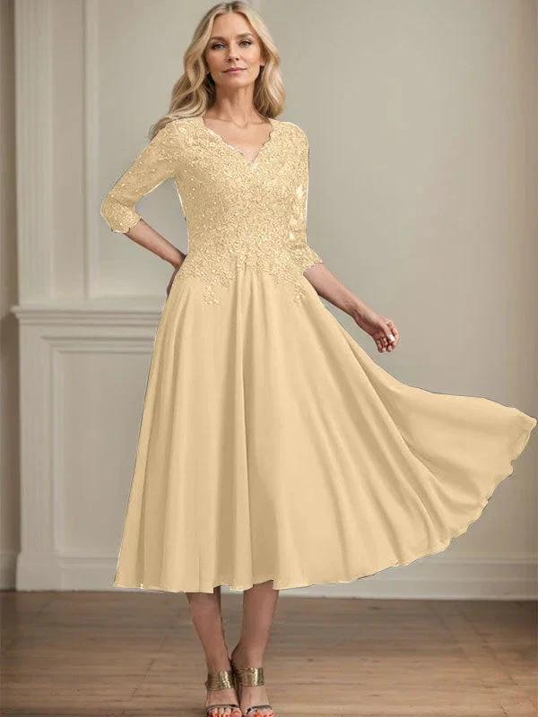 A-line V-Neck Tea-Length Chiffon Lace Mother of the Bride Dress With Beading Sequins by Dreamylily