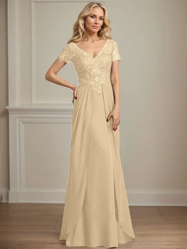 A-line V-Neck Floor-Length Chiffon Lace Mother of the Bride Dress by Dreamylily