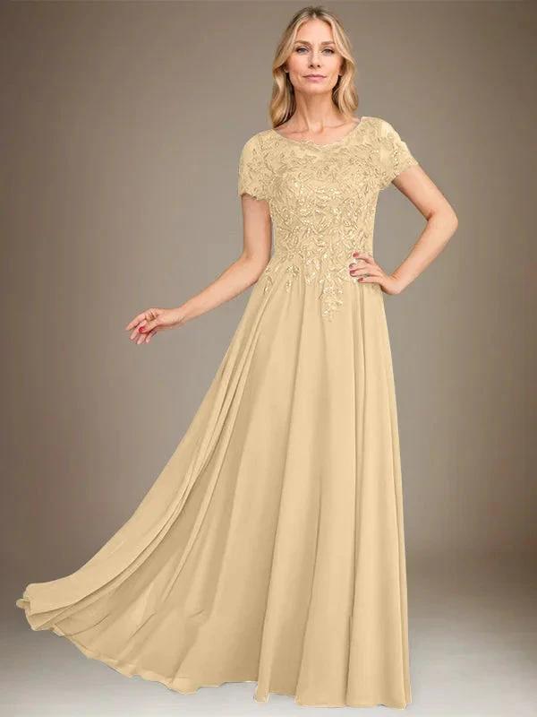 A-Line Scoop Floor-Length Chiffon Mother of the Bride Dress With Applique &amp; Sequins by Dreamylily