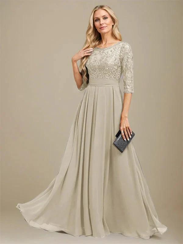 A-Line Scoop Floor-Length Lace Chiffon Mother Of the Bride Dress With Sequins Applique by Dreamylily