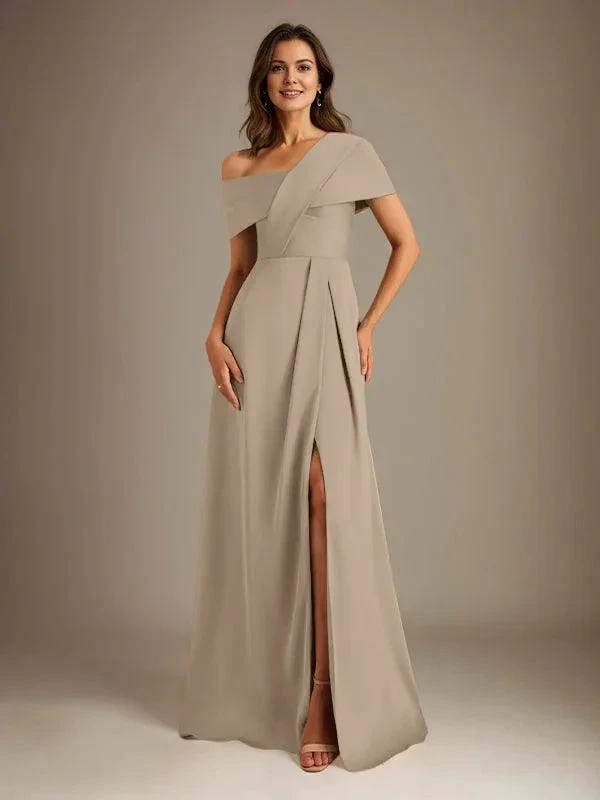A-Line Asymmetrical Neckline Floor-Length Satin Mother of the Bride Dress With Pleated by Dreamylily