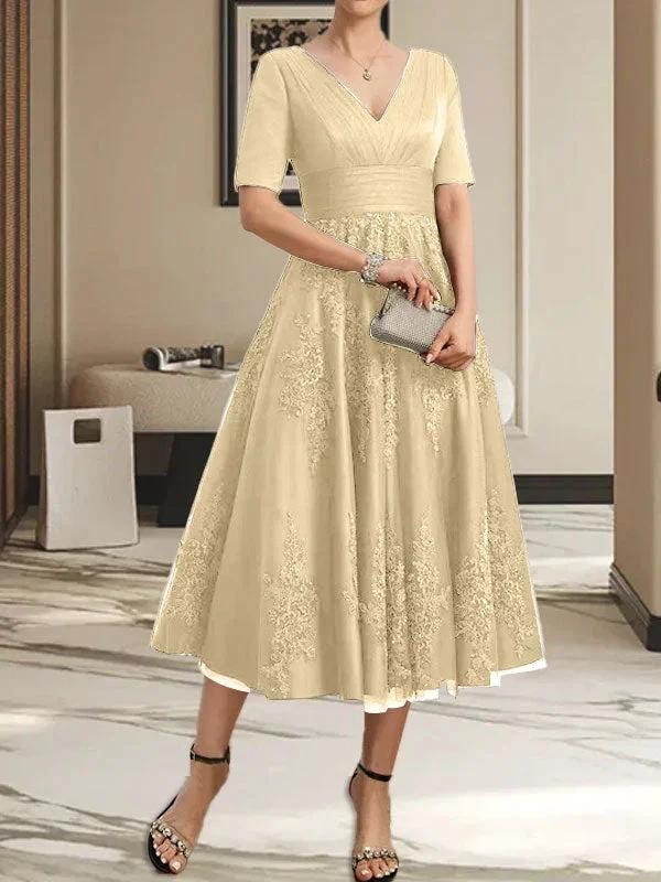 A-line V-Neck Tea-Length Tulle Lace Mother of the Bride Dress With Pleated by Dreamylily