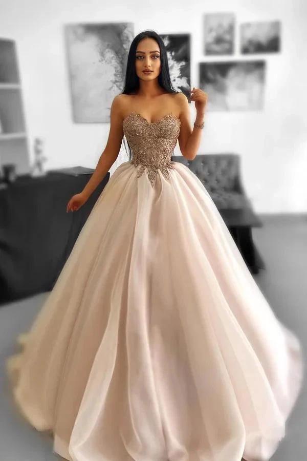 Beautiful A-Line Sweetheart Strapless Tulle Floor-Length Prom Dresses by BIZTUNNEL