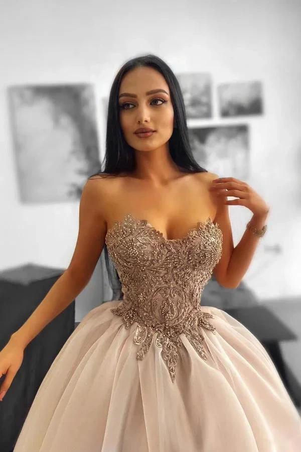 Beautiful A-Line Sweetheart Strapless Tulle Floor-Length Prom Dresses by BIZTUNNEL
