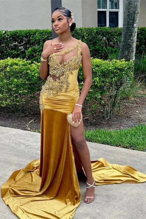 Charming Gold Long Mermaid One Shoulder Satin Appliques Lace Prom Dress with Slit by BIZTUNNEL