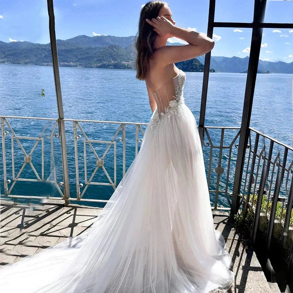 Charming High Fork Bohemian Sleeveless Sweetheart Mopping Wedding Dresses Off Shoulder Appliques Lace Bridal Gowns Boho Backless by payinti