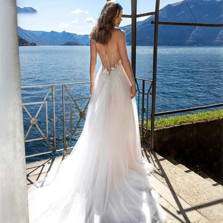 Charming High Fork Bohemian Sleeveless Sweetheart Mopping Wedding Dresses Off Shoulder Appliques Lace Bridal Gowns Boho Backless by payinti