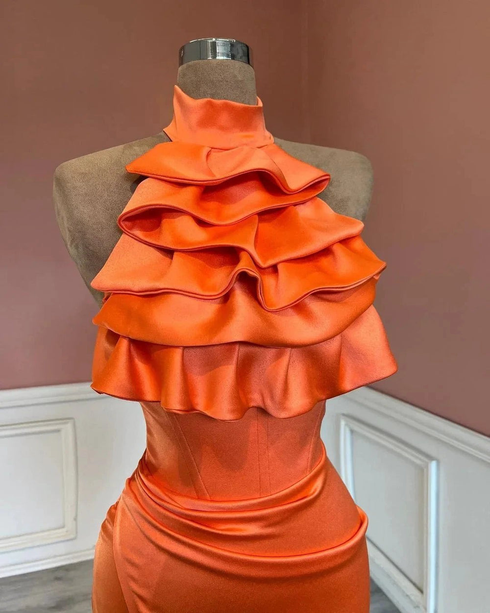 Charming High Neck Mermaid Stain Ruffles Prom Dress with Split by misshow.com