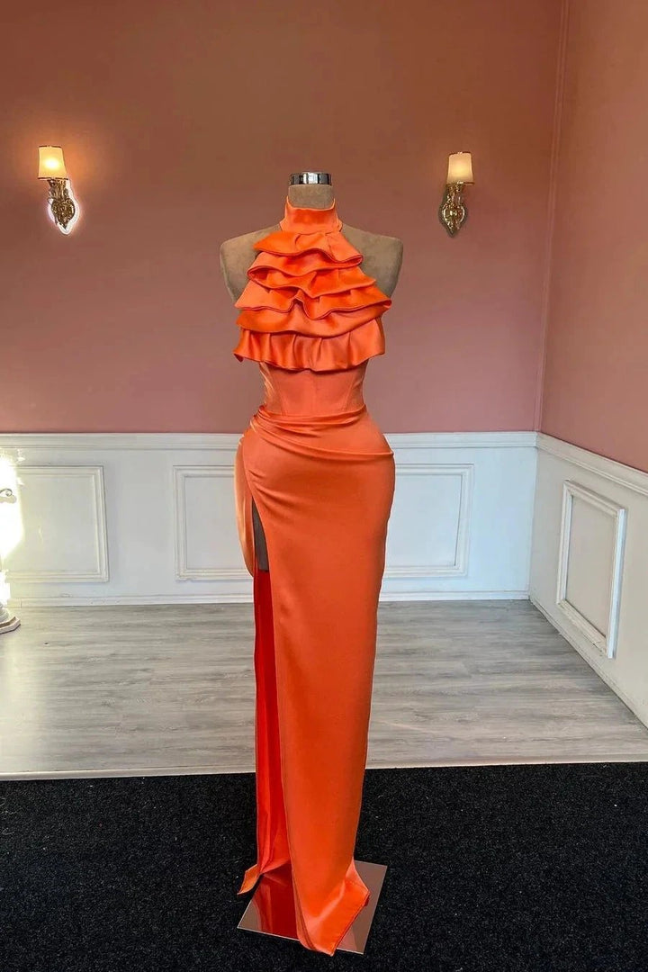 Charming High Neck Mermaid Stain Ruffles Prom Dress with Split by misshow.com