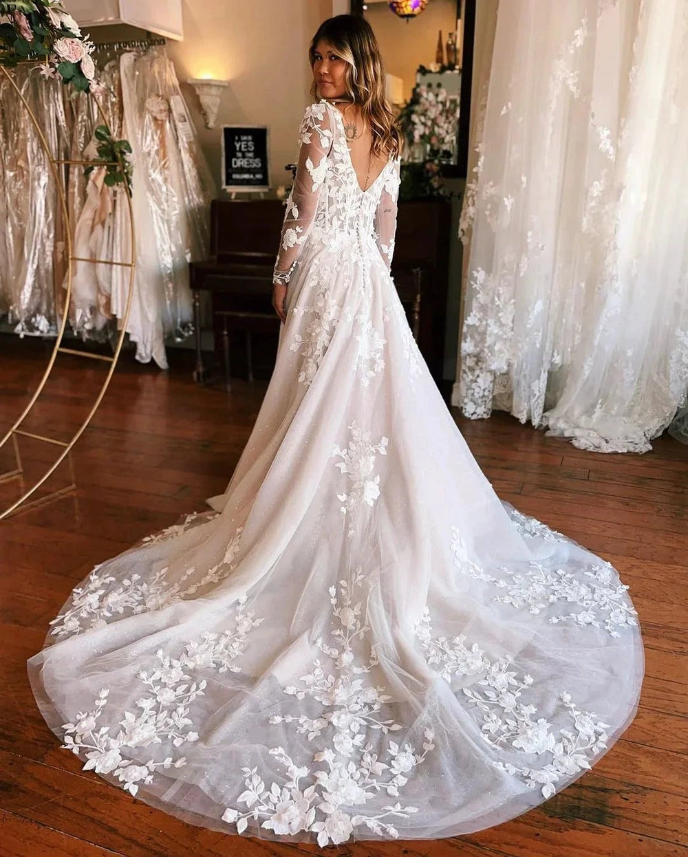 Charming Long A-line Appliques Long Sleeves Wedding Dress With Train by misshow.com