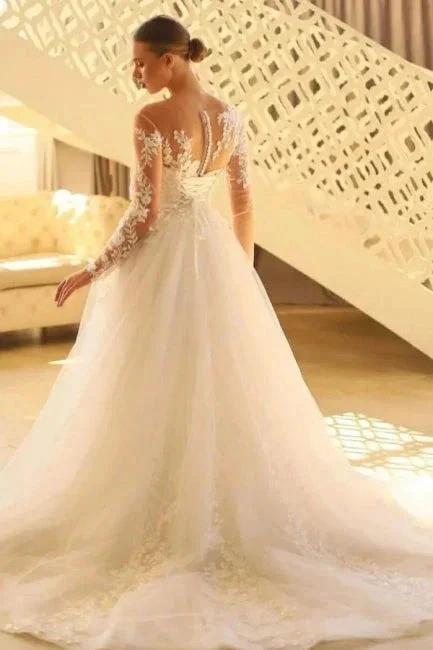 Charming Long A-line Lace Long Sleeves Tulle Wedding Dress by misshow.com