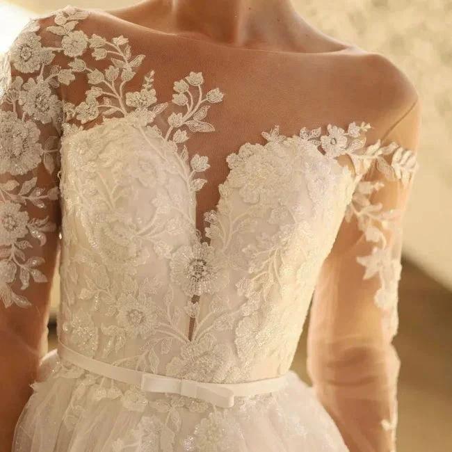 Charming Long A-line Lace Long Sleeves Tulle Wedding Dress by misshow.com