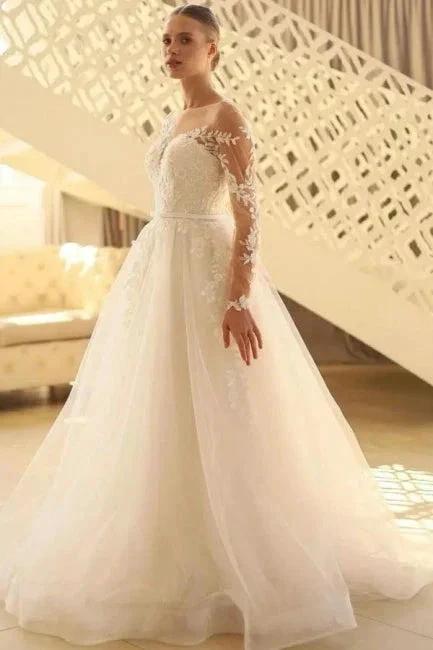 Charming Long A-line Lace Long Sleeves Tulle Wedding Dress by misshow.com