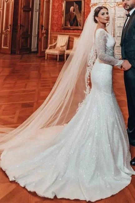 Charming Long A-line Lace Sequined Beading Long Sleeves Wedding Dresses With Detachable Train by misshow.com