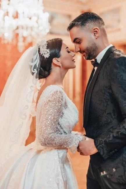 Charming Long A-line Lace Sequined Beading Long Sleeves Wedding Dresses With Detachable Train by misshow.com