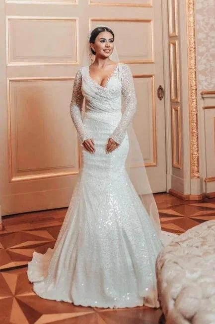 Charming Long A-line Lace Sequined Beading Long Sleeves Wedding Dresses With Detachable Train by misshow.com