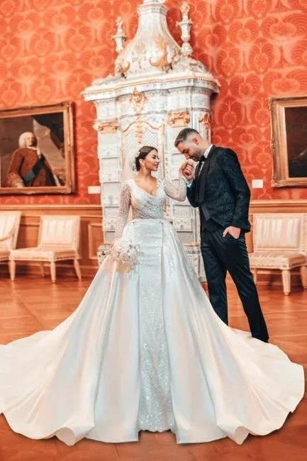 Charming Long A-line Lace Sequined Beading Long Sleeves Wedding Dresses With Detachable Train by misshow.com