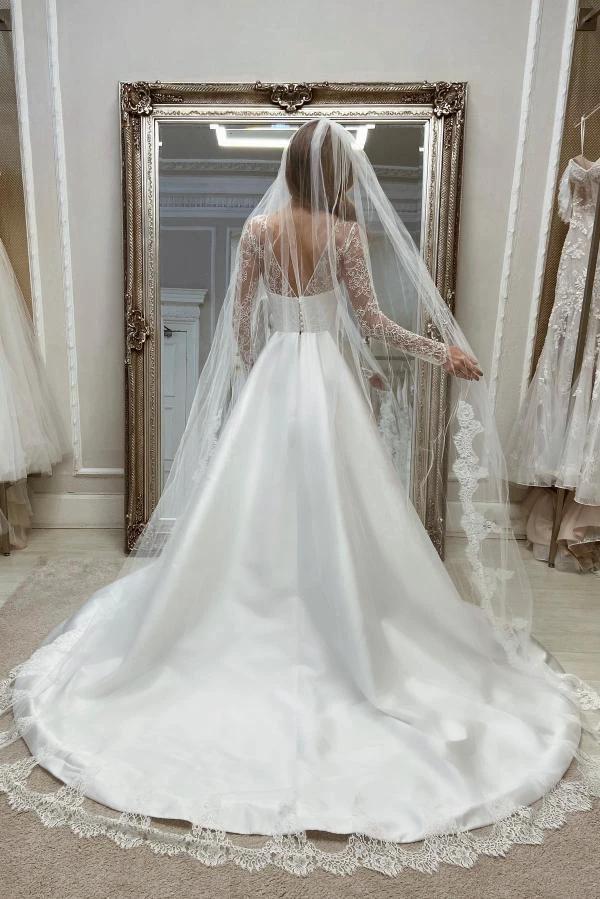 Charming Long A-line White Satin Split Wedding Dresses with Long Sleeves by misshow.com
