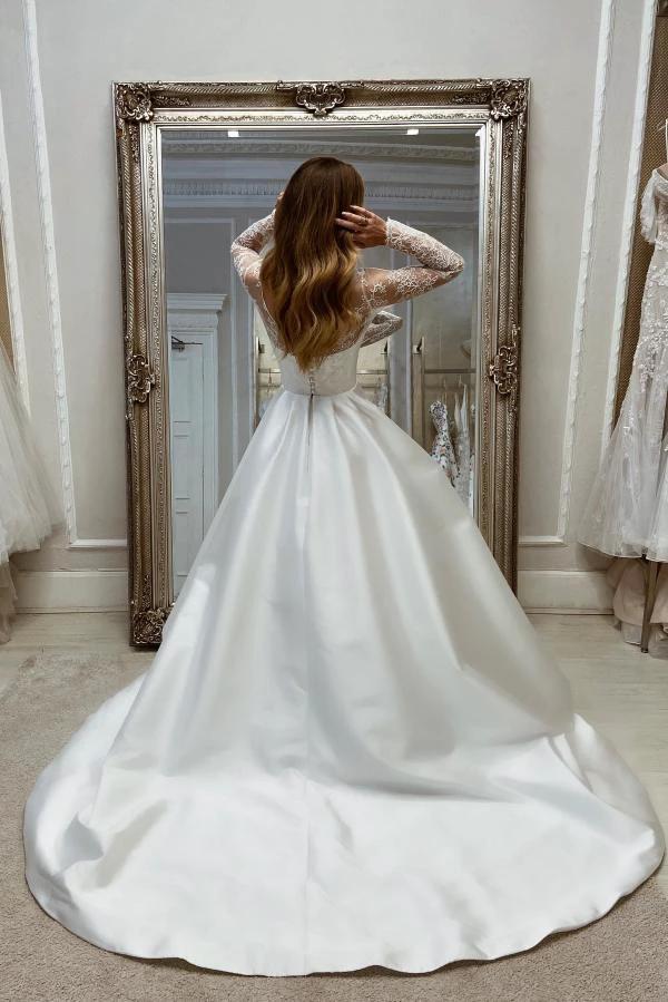 Charming Long A-line White Satin Split Wedding Dresses with Long Sleeves by misshow.com
