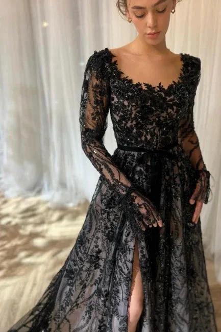 Charming Long Black A-line Lace Glitter Long Sleeves Wedding Dress with Slit by misshow.com