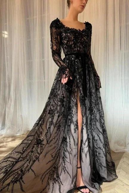 Charming Long Black A-line Lace Glitter Long Sleeves Wedding Dress with Slit by misshow.com