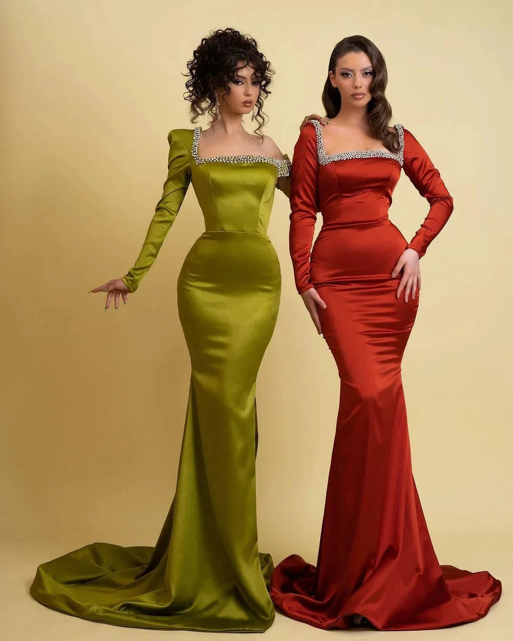 Charming Long Green Mermaid Long Sleeve Rhinestones Prom Dress With Slit by misshow.com